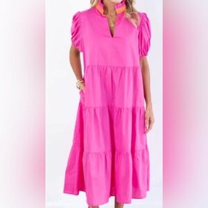 Avara Pink Tiered Smocked Midi Dress Side Pockets Puff Sleeve Cottagecore, XS